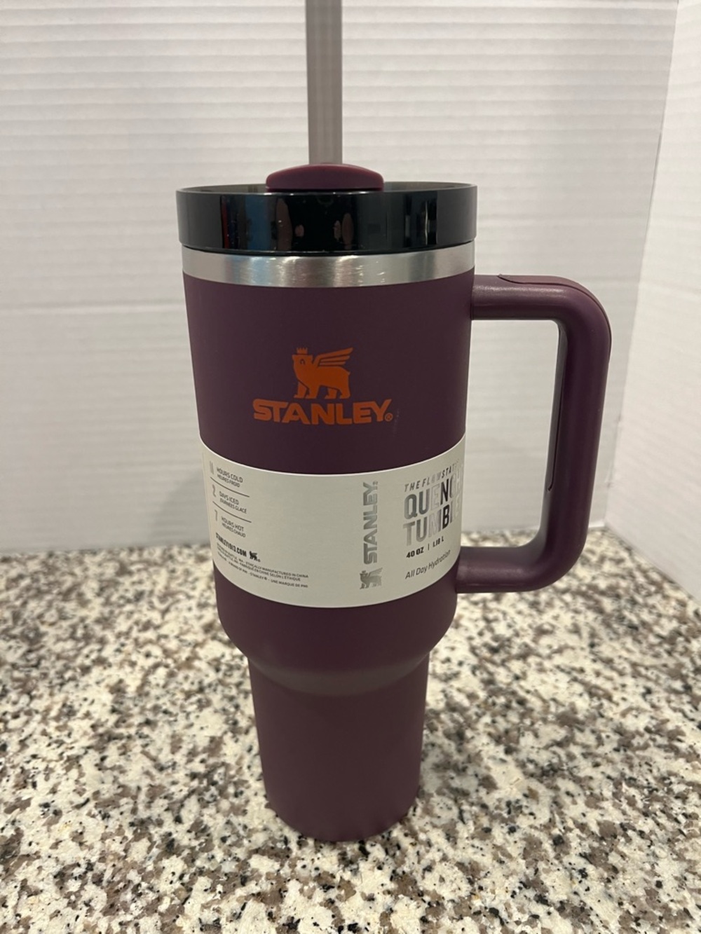 Stanley Plum Travel Tumbler with Orange Handle 40 Oz- New- Hard to Find